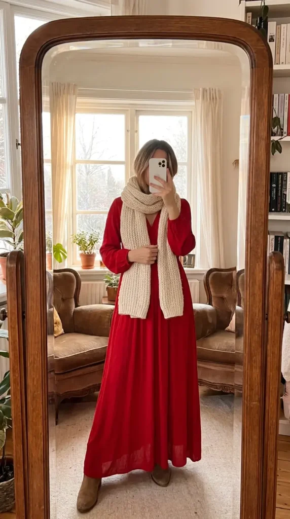 Red Dress Winter Outfits with a flowy red maxi dress wrapped in a chunky cream scarf.