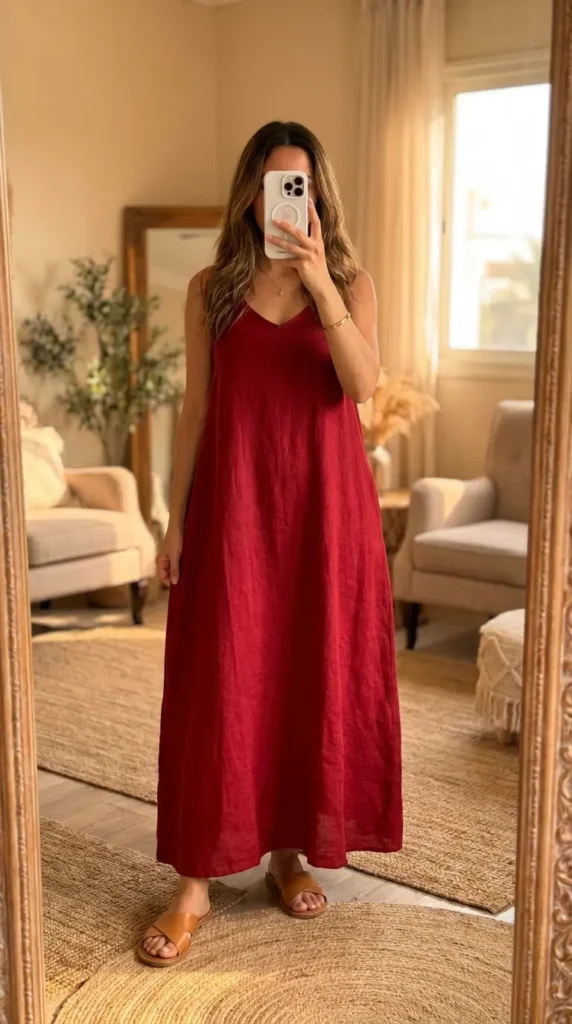"Casual Red Dress Outfit Ideas: burgundy maxi dress styled with tan flat sandals"
