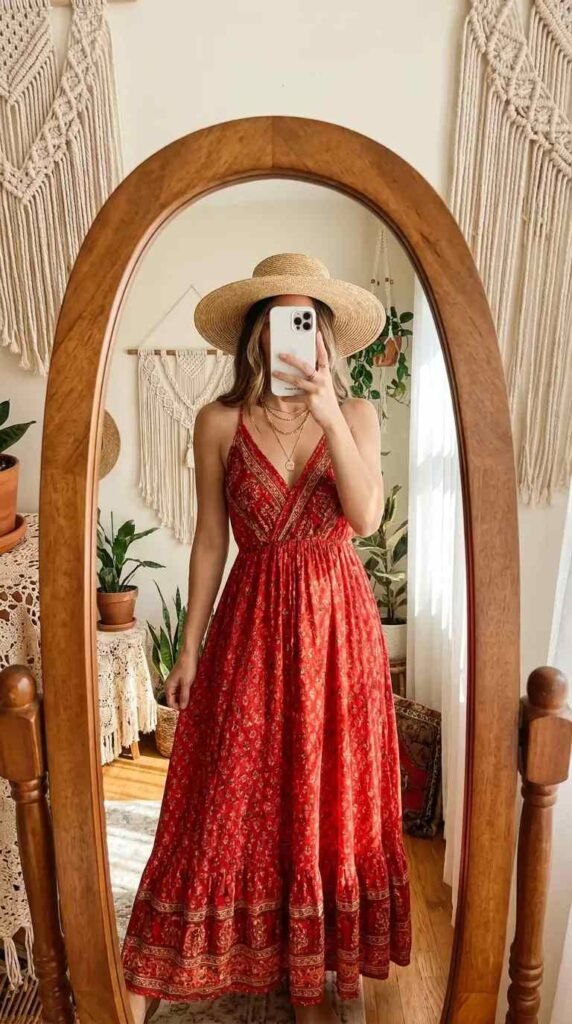Boho red maxi dress with straw hat and layered necklaces — Red Dress Outfits to Steal This Summer