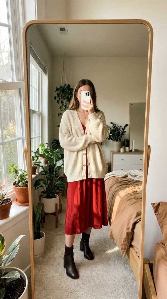 Red Dress Winter Outfits style: red slip midi dress layered with an oversized chunky cardigan.