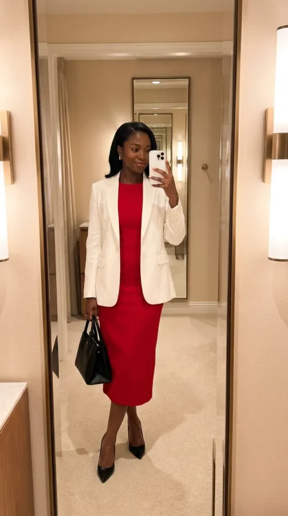 Chic Black woman in red midi dress with white blazer and black heels for red dress outfit ideas designed for Black women.