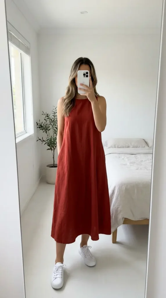 "Casual Red Dress Outfit Ideas: rust red sleeveless midi dress paired with white sneakers"
