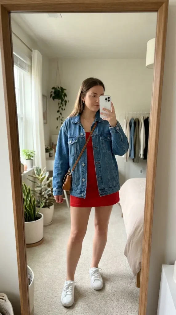"Casual Red Dress Outfit Ideas: red mini dress layered with an oversized denim jacket"
