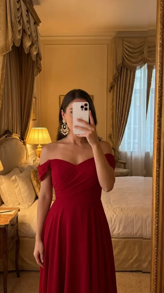 Off-shoulder red gown with statement earrings, a glam Red Dress Outfits to Steal This Summer for evenings