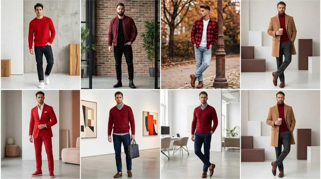 Collage of eight stylish red menswear looks from 20 Red Outfit Ideas for Men That Actually Slay