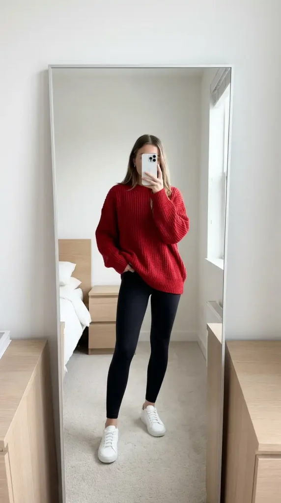 Red oversized sweater and black leggings, a cozy Casual Red Black & White Outfits idea.