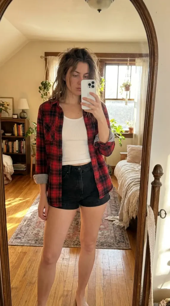Red plaid shirt over white tank with black shorts, a relaxed Casual Red Black & White Outfits idea.