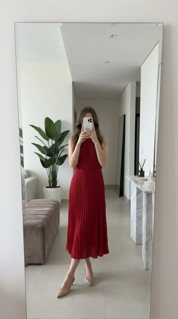 : Pleated red halter midi dress with nude kitten heels, elegant Red Dress Outfits to Steal This Summer