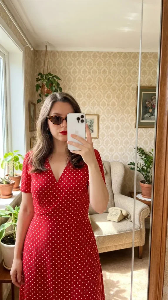 Red polka dot wrap dress with retro sunglasses, a vintage-inspired Red Dress Outfits to Steal This Summer look