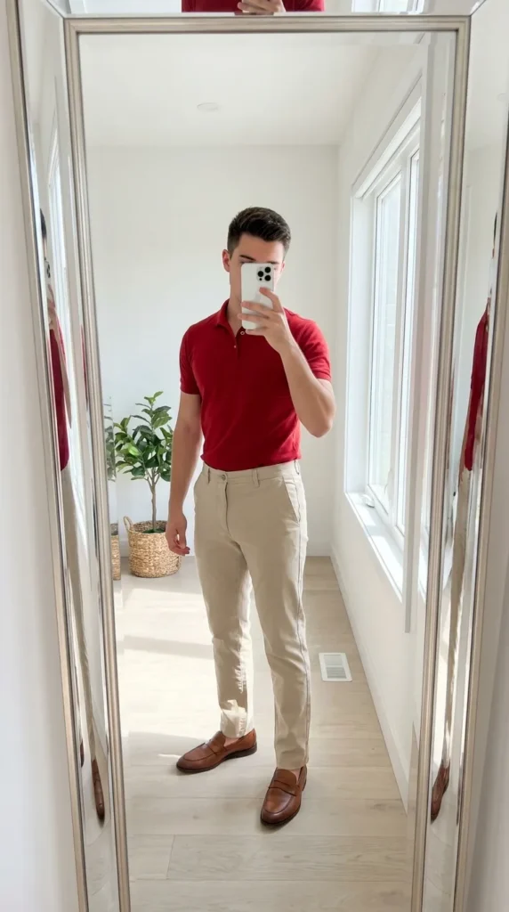 Man in red polo and beige chinos hallway mirror selfie from 20 Red Outfit Ideas for Men That Actually Slay