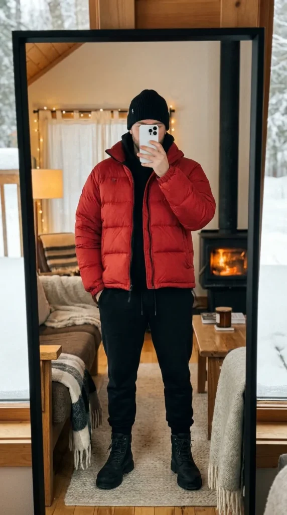 Man in red puffer jacket black beanie cozy cabin selfie from 20 Red Outfit Ideas for Men That Actually Slay