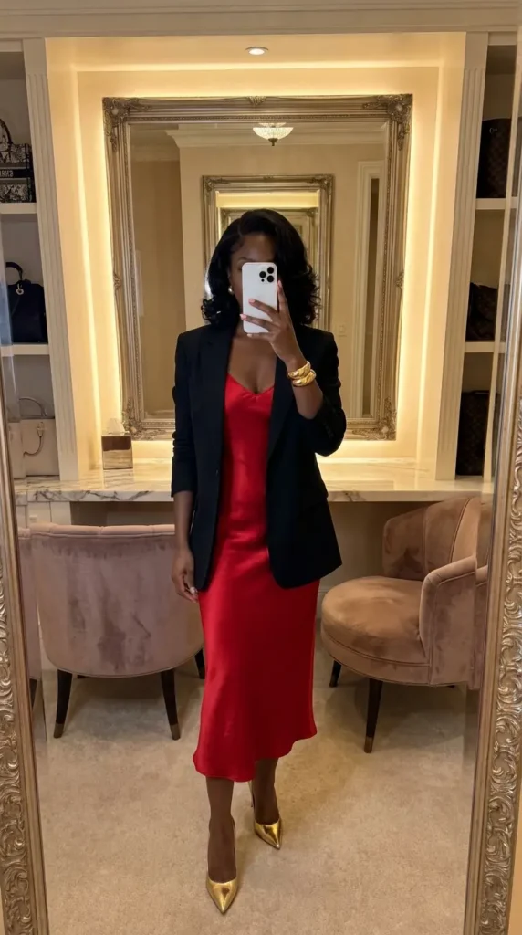 Glamorous Black woman in red satin dress with black blazer and gold heels for red dress outfit ideas designed for Black women