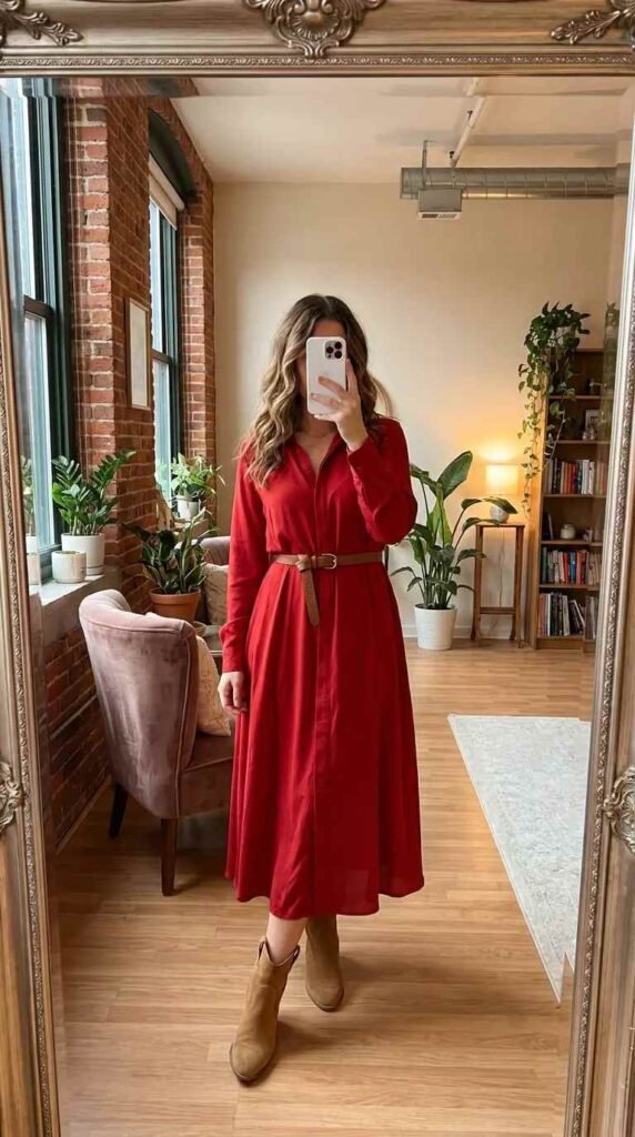 "Casual Red Dress Outfit Ideas: red shirt dress belted with tan ankle boots for a chic look"
