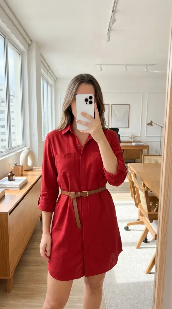 Belted red linen shirt dress, a polished Red Dress Outfits to Steal This Summer office-ready pick