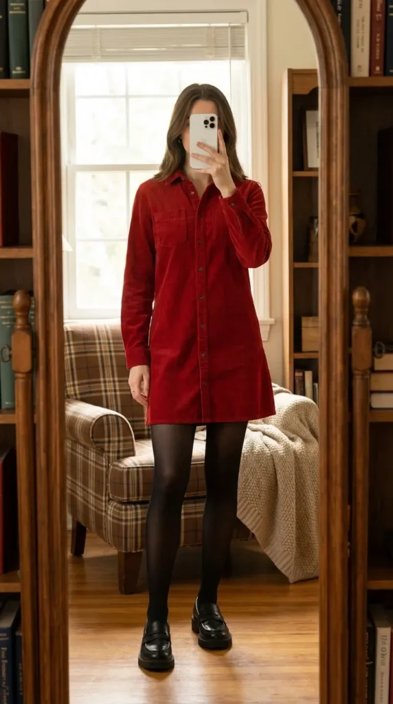 Red Dress Winter Outfits with a red corduroy shirt dress, black tights, and chunky loafers.