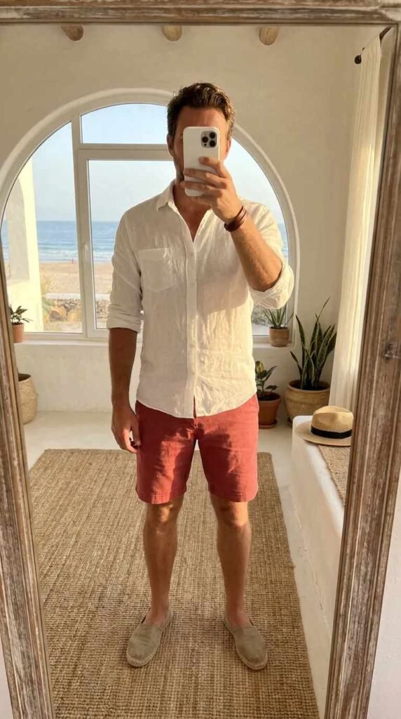 Man in white linen shirt and red shorts posing in beachside mirror selfie from 20 Red Outfit Ideas for Men That Actually Slay