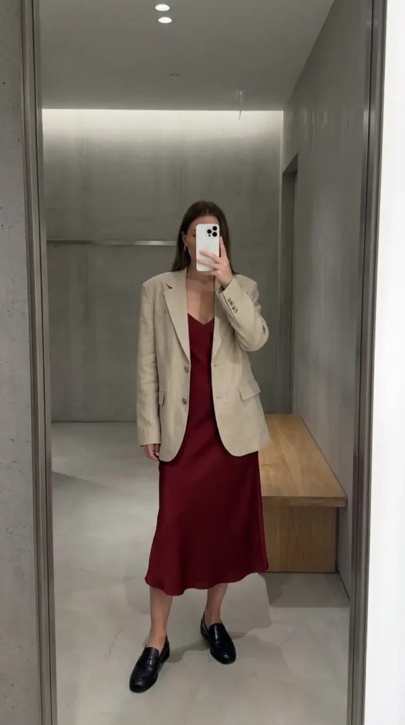"Casual Red Dress Outfit Ideas: burgundy slip dress with an oversized beige blazer and loafers"
