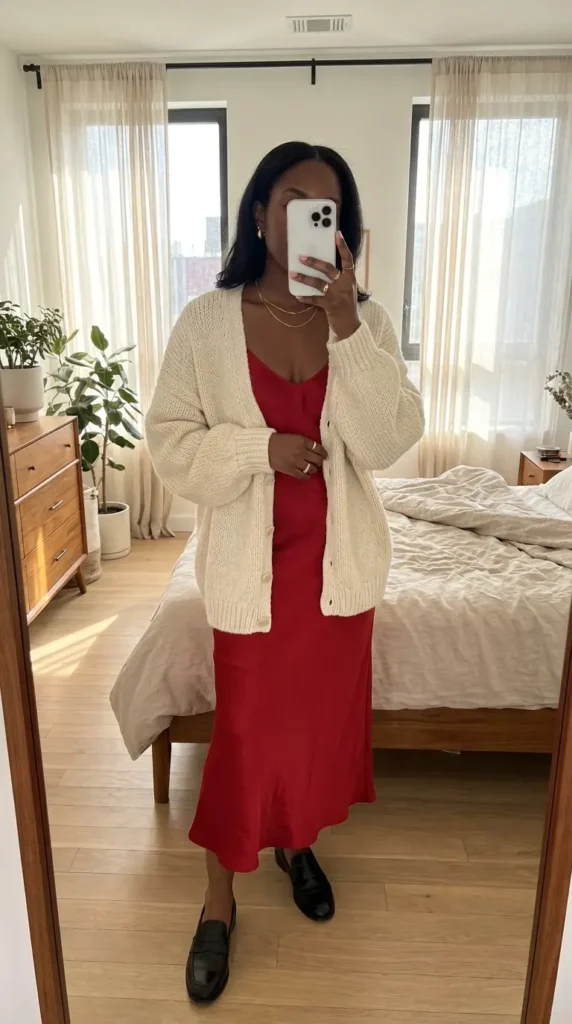 Relaxed Black woman in red slip dress with oversized cream cardigan and loafers for red dress outfit ideas designed for Black women