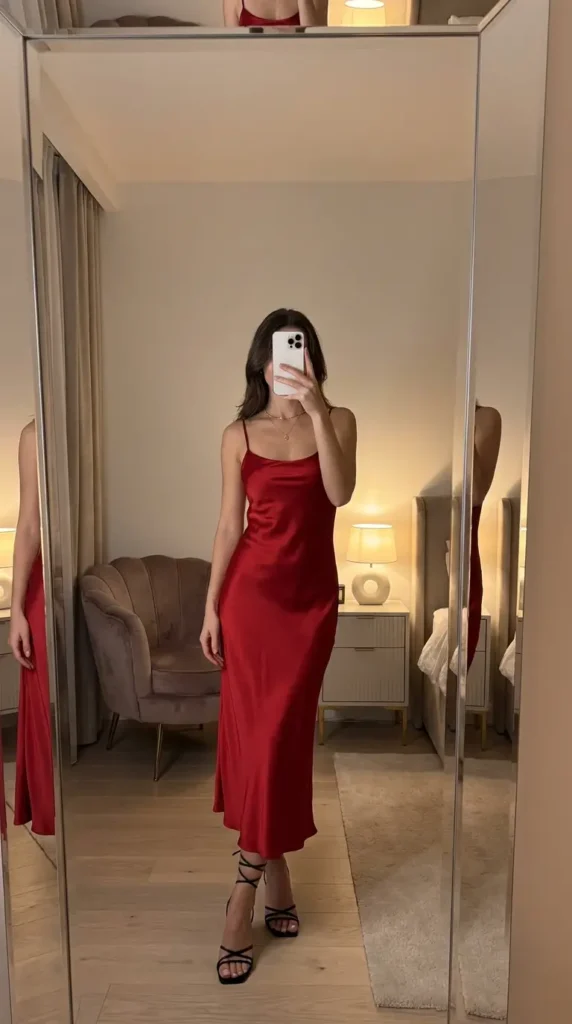 Red satin slip dress with strappy heels, an elegant Red Dress Outfits to Steal This Summer look