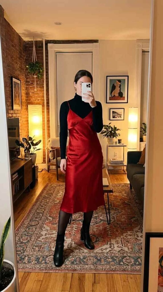 Red Dress Winter Outfits look: satin slip dress layered over a black turtleneck with ankle boots.