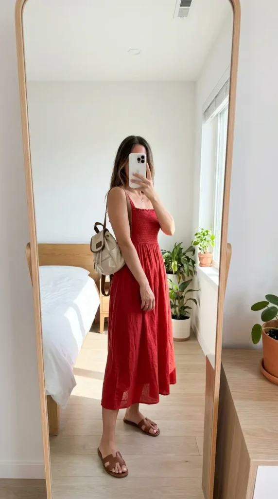 Smocked red midi dress with a backpack and slide sandals, relaxed Red Dress Outfits to Steal This Summer