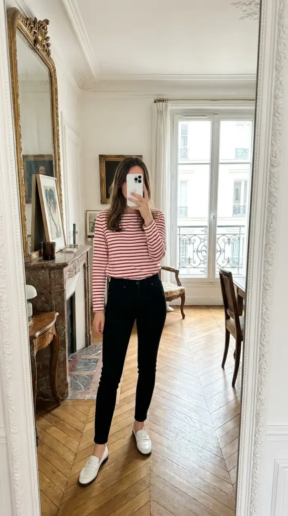 Red striped tee with black jeans and white loafers, a classic Casual Red Black & White Outfits look.