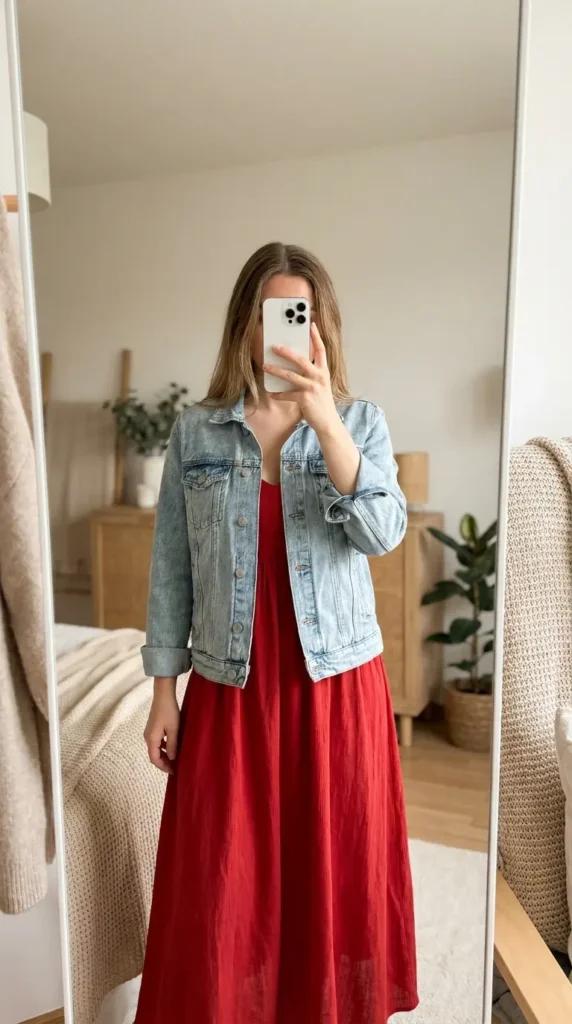 "Casual Red Dress Outfit Ideas: red sundress layered under a classic denim jacket"

