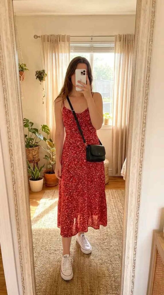 Red floral dress with white sneakers, a Casual Red Black & White Outfits look for spring.
