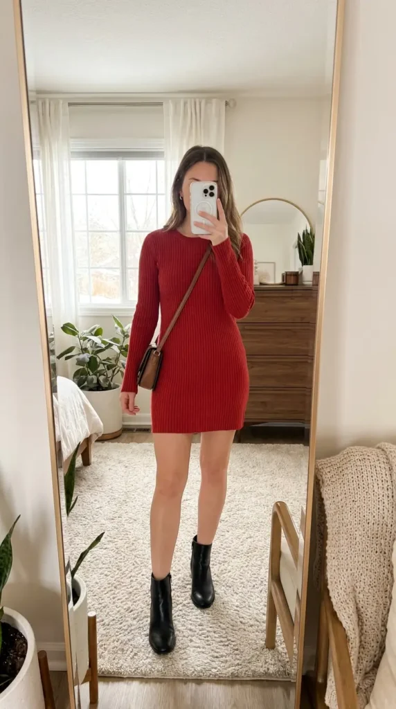 Red ribbed sweater dress with black ankle boots, cozy Red Dress Outfits to Steal This Summer for fall