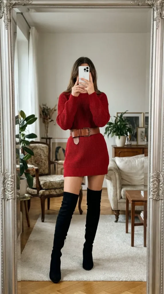 Red Dress Winter Outfits look: belted red sweater dress with black over-the-knee boots.