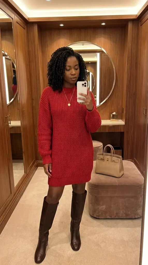 Black woman with curly hair in cozy red sweater dress and knee-high boots for red dress outfit ideas designed for Black women