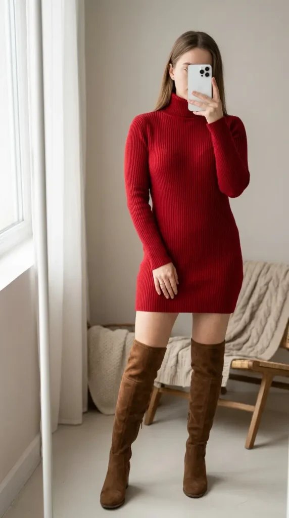 Red Dress Winter Outfits with a ribbed red sweater dress and brown suede knee-high boots.