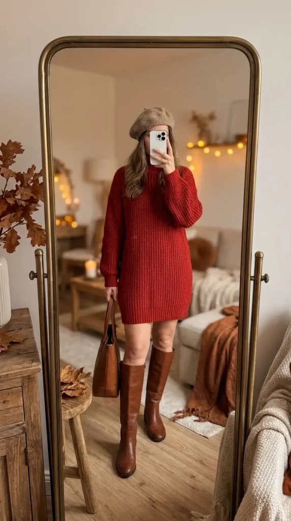 "Casual Red Dress Outfit Ideas: red sweater dress with a beret and knee-high brown boots"

