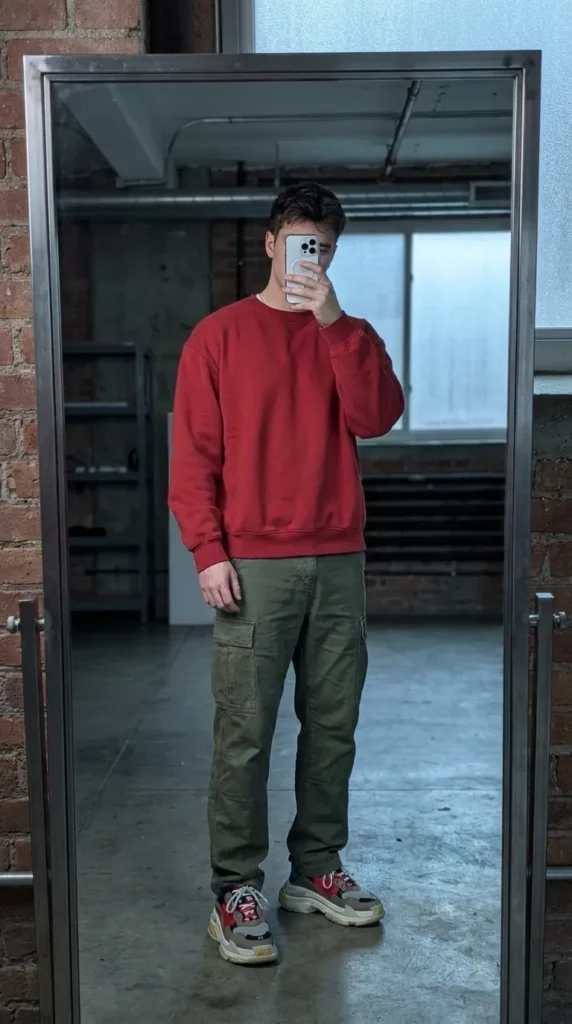 Man in red sweatshirt and green cargo pants industrial selfie from 20 Red Outfit Ideas for Men That Actually Slay