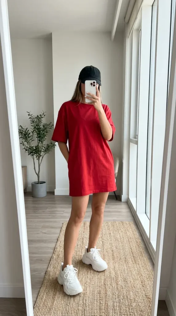 Oversized red t-shirt dress with chunky white sneakers and cap, casual Red Dress Outfits to Steal This Summer