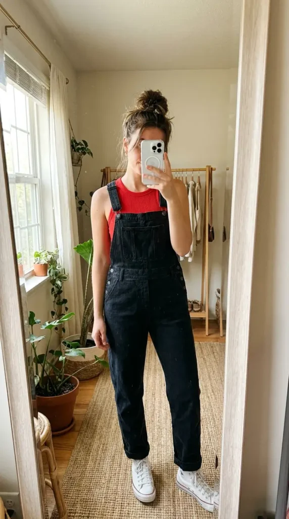 Red tank top under black denim overalls with white sneakers, a fun Casual Red Black & White Outfits look.