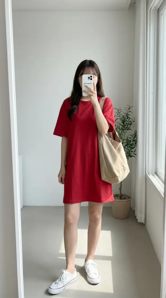 "Casual Red Dress Outfit Ideas: red t-shirt dress styled with white sneakers and a tote bag"
