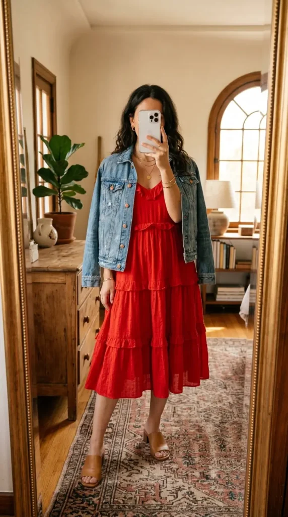 Red tiered midi dress paired with a denim jacket, a cozy pick from Red Dress Outfits to Steal This Summer