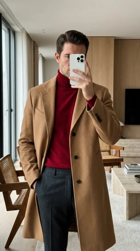 Man in red turtleneck under camel coat modern apartment selfie from 20 Red Outfit Ideas for Men That Actually Slay