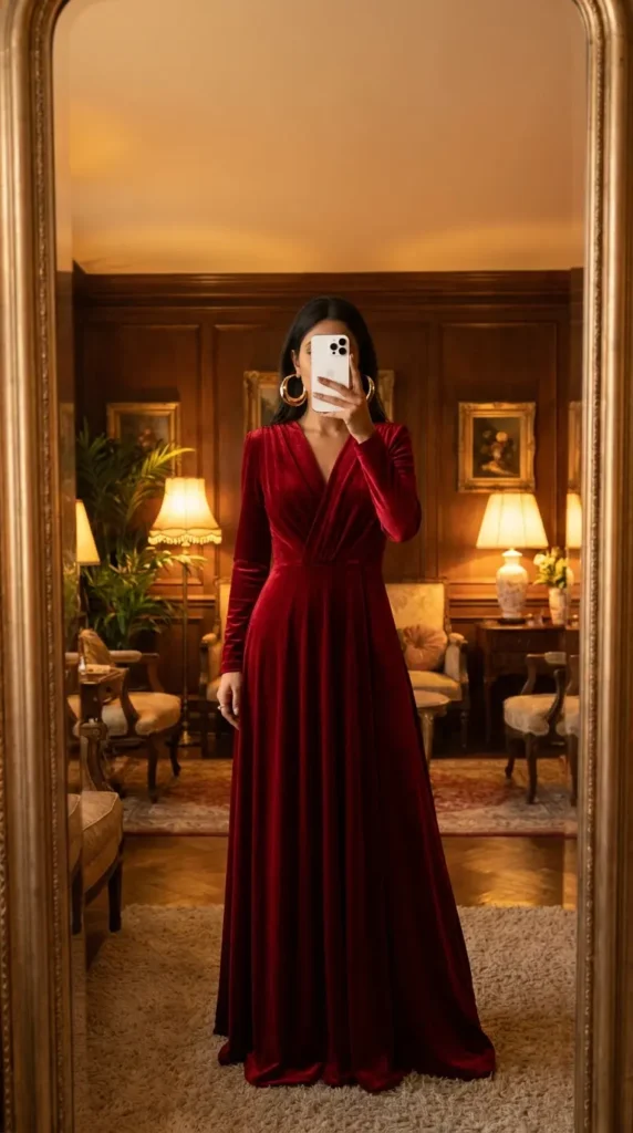 Red Dress Winter Outfits elegant style: flowy red velvet gown with bold gold statement earrings.