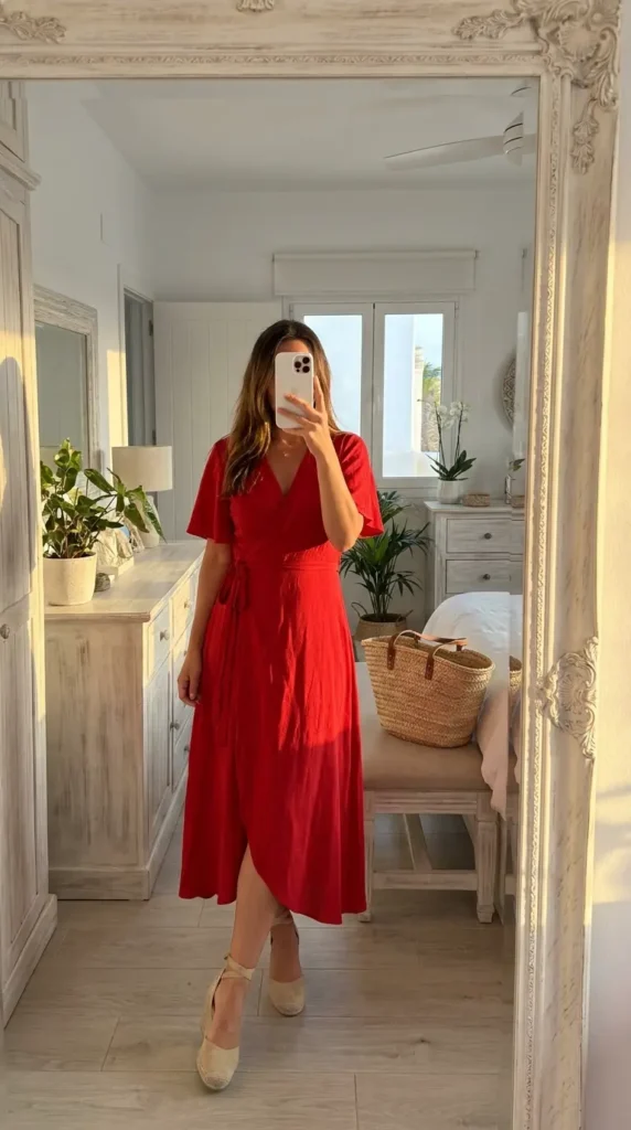 "Casual Red Dress Outfit Ideas: red wrap dress styled with tan espadrille wedge sandals"
