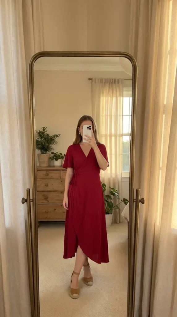 Red wrap dress with flutter sleeves and espadrille wedges from Red Dress Outfits to Steal This Summer