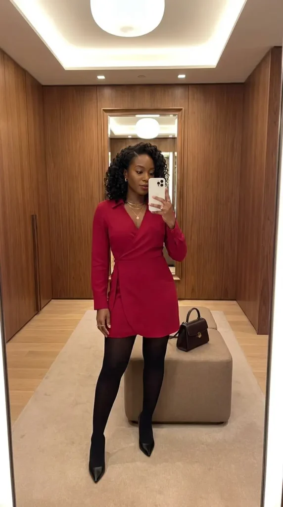 Black woman in red wrap dress with black tights and pumps in elegant hallway for red dress outfit ideas designed for Black women