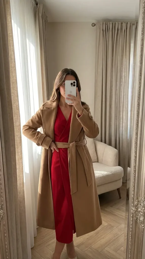Red Dress Winter Outfits featuring a red wrap dress belted under a camel trench coat.