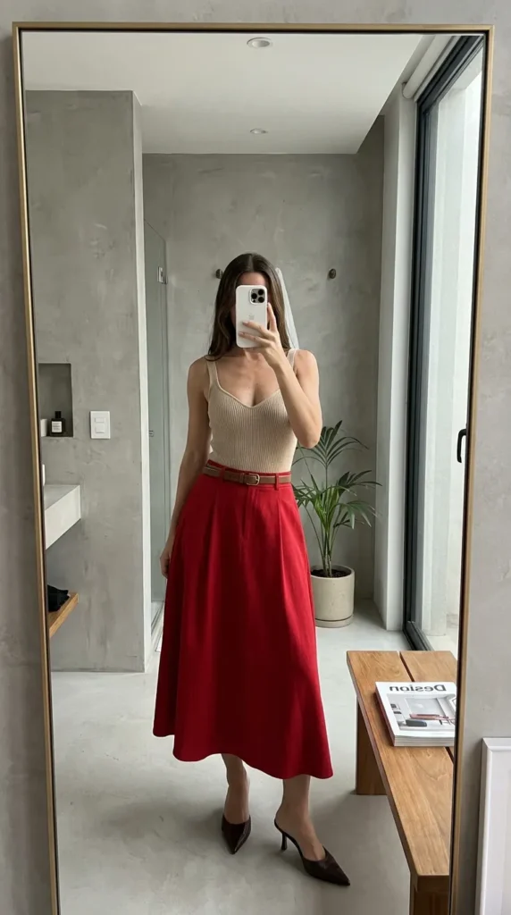 eige ribbed bodysuit with belted red midi skirt for chic Long Red Skirt Outfit Ideas for Women.