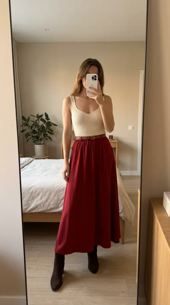 Fall Long Red Skirt Outfit Ideas in a ribbed bodysuit, belted red skirt, and suede boots.