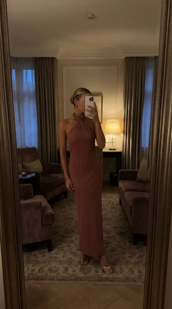 Rose halter neck maxi dress with strappy heels, elegant Best Barbie-Inspired Party Outfits pick
