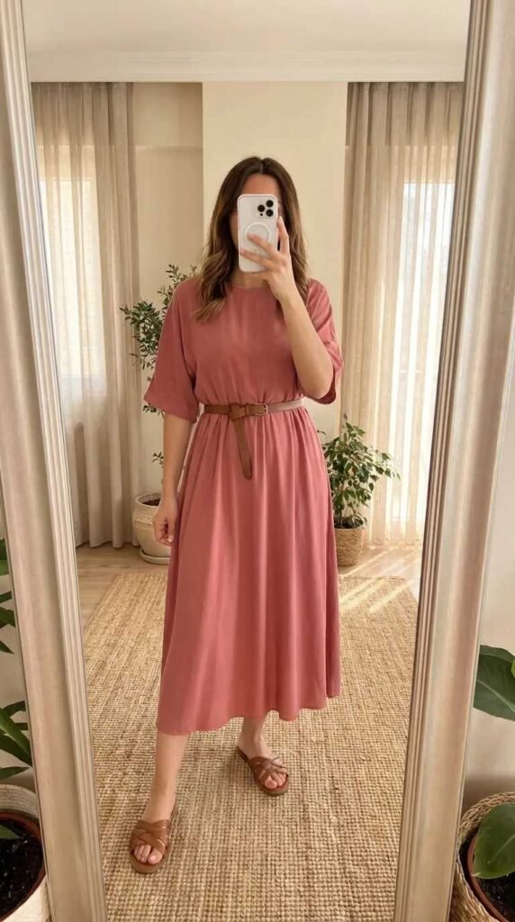 Casual Barbie Outfit Ideas: rose pink belted midi dress styled with brown slide sandals
