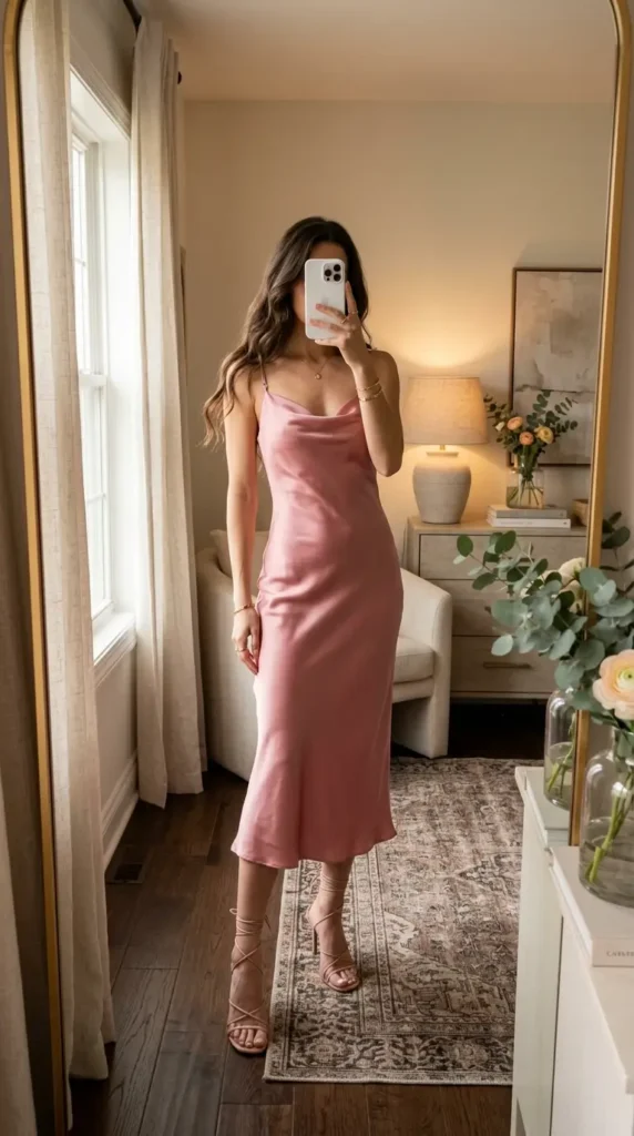 Easy Summer Barbie Outfit Ideas: satin rose pink cowl neck slip dress