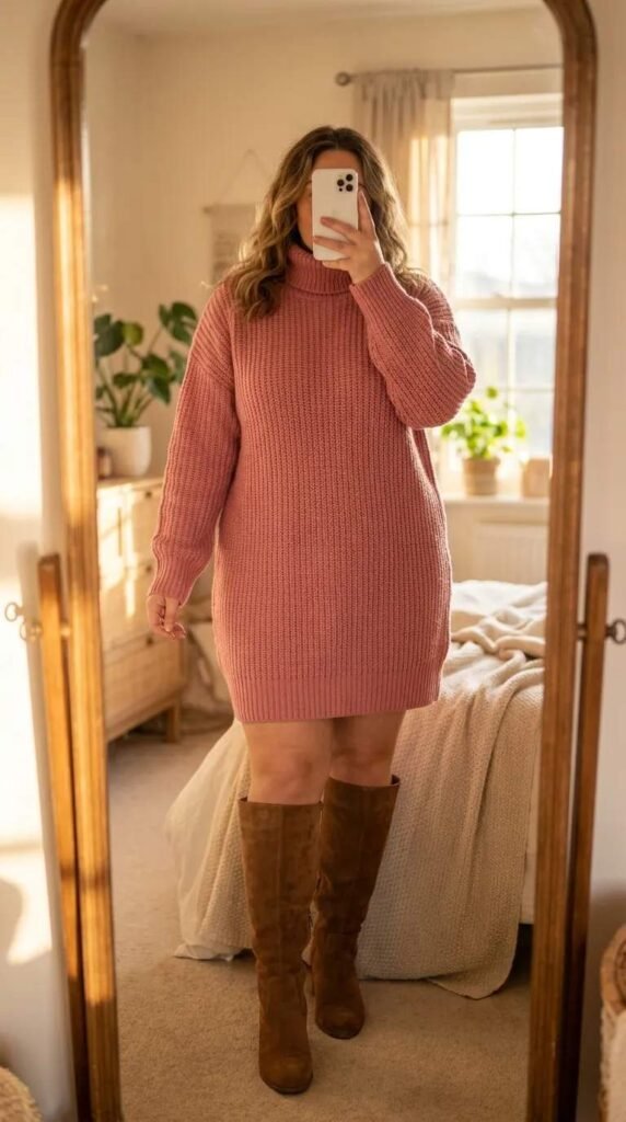 Plus-size woman in cozy rose pink turtleneck sweater dress with boots, Barbie Outfit Ideas for Plus Size Women.